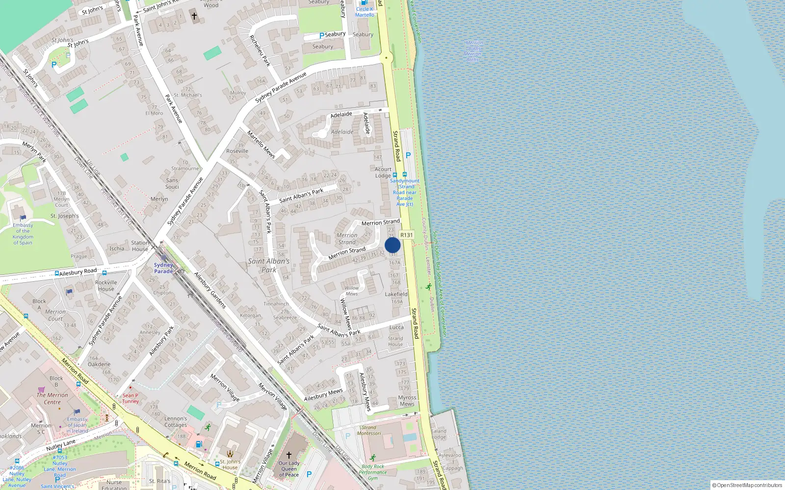 Overhead map showing the location of 28 Merrion Strand, Sandymount Dublin 4