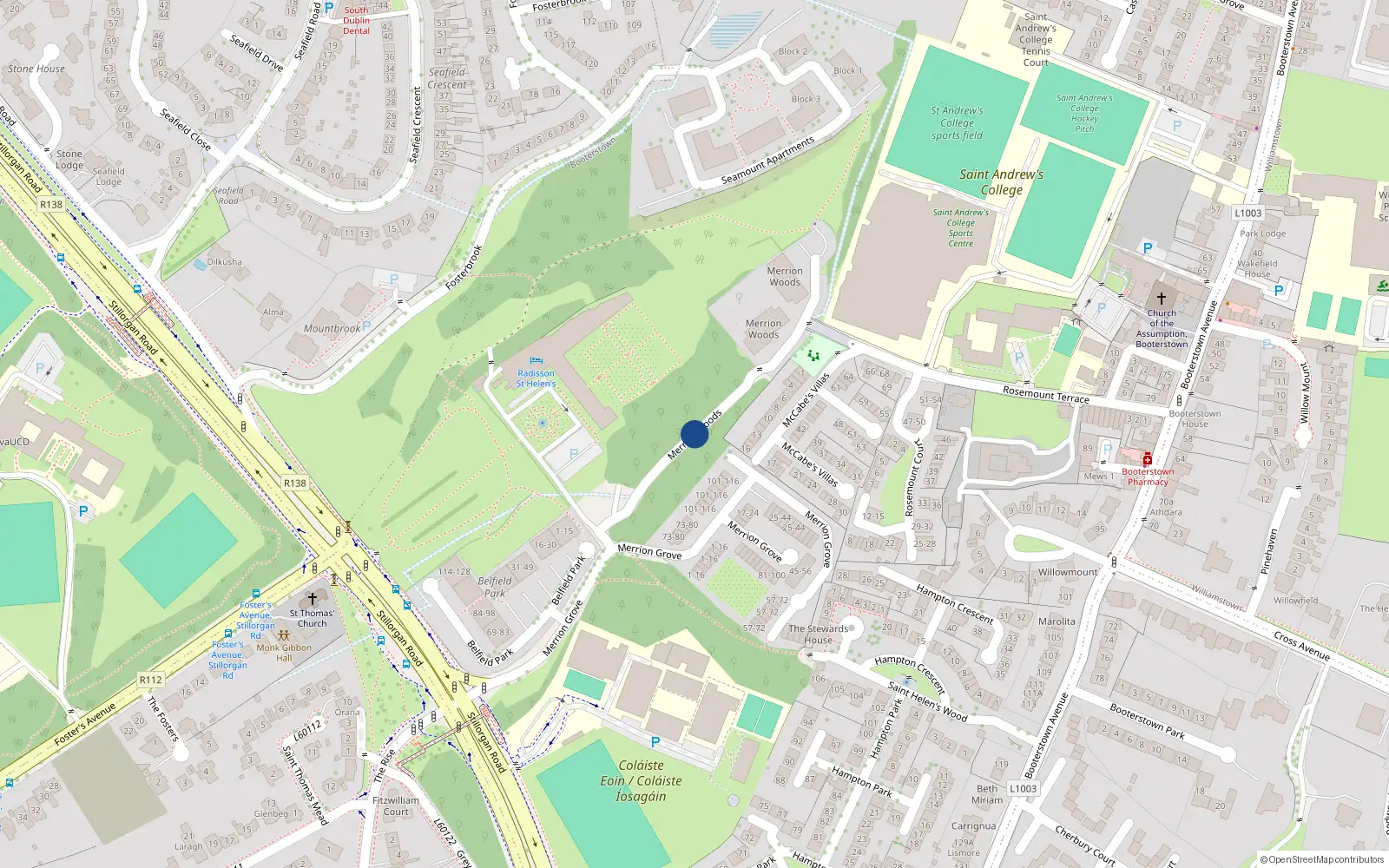 Overhead map showing the location of 28 Merrion Woods, Booterstown