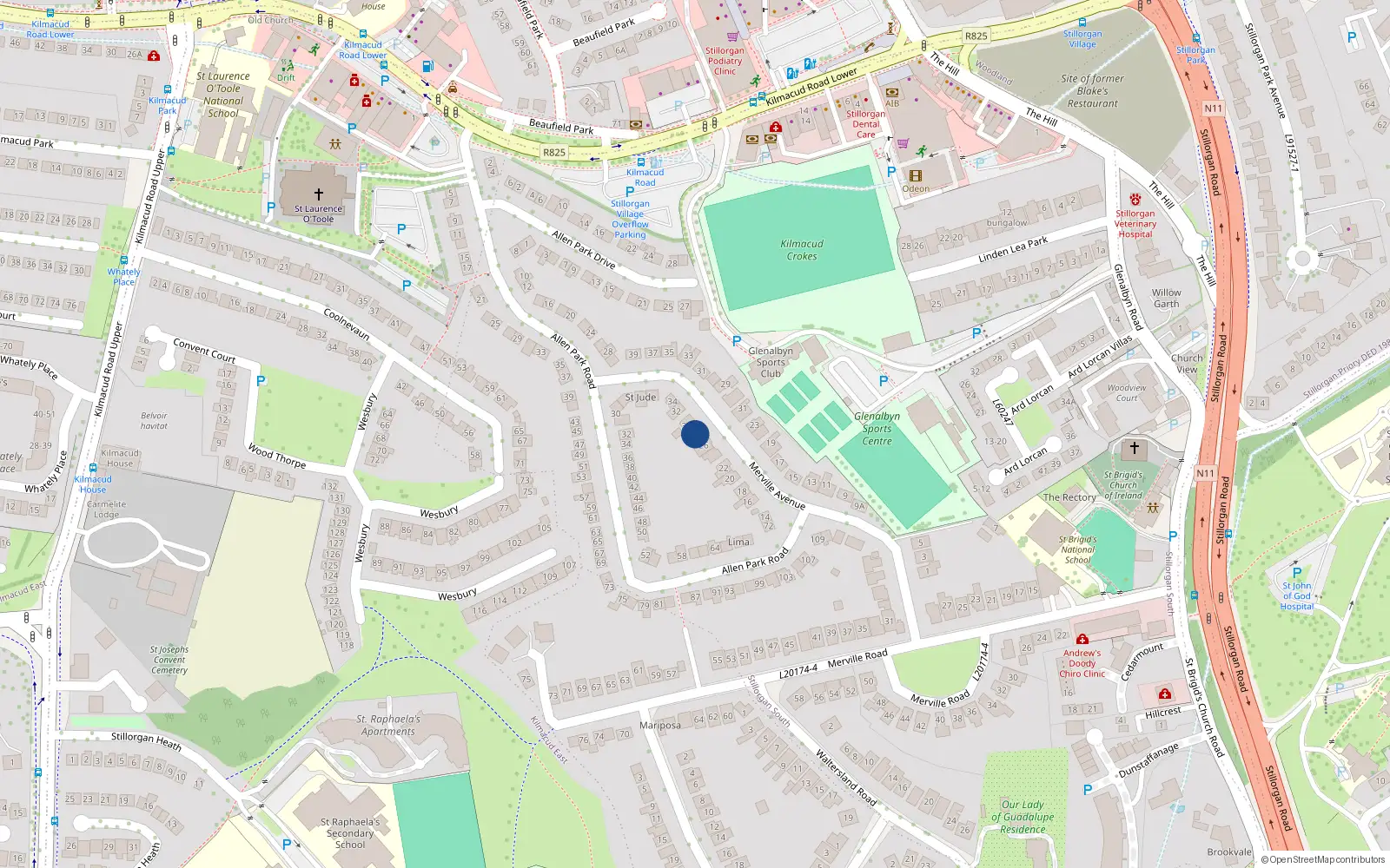 Overhead map showing the location of 28 Merville Avenue, Dublin