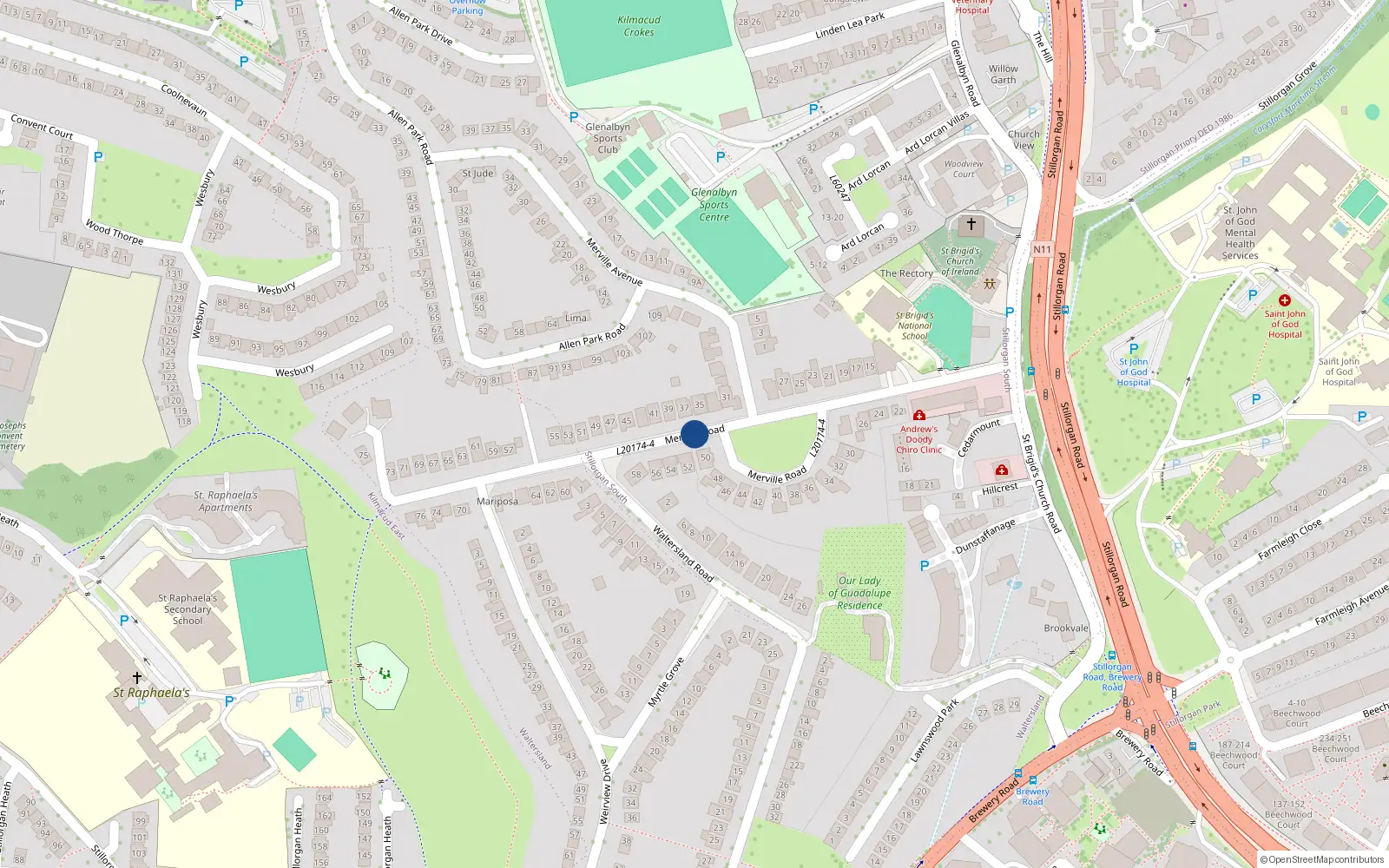Overhead map showing the location of 28 Merville Road, Stillorgan