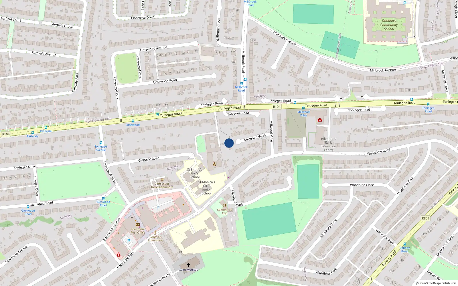 Overhead map showing the location of 28 Millwood Villas, Raheny, Dublin 5