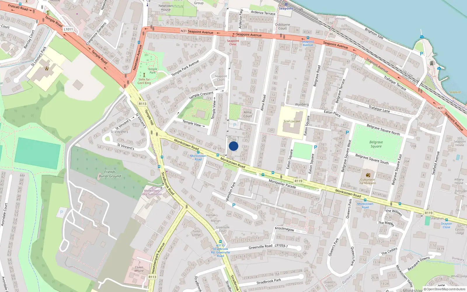 Overhead map showing the location of 28 Monkstown Road, Blackrock