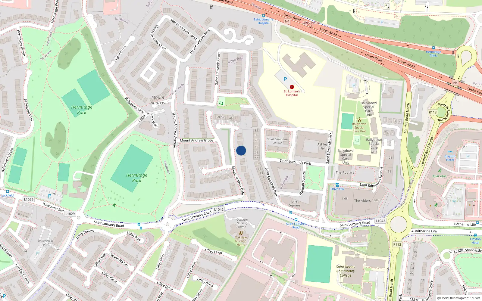 Overhead map showing the location of 28 Mount Andrew Dale, Lucan