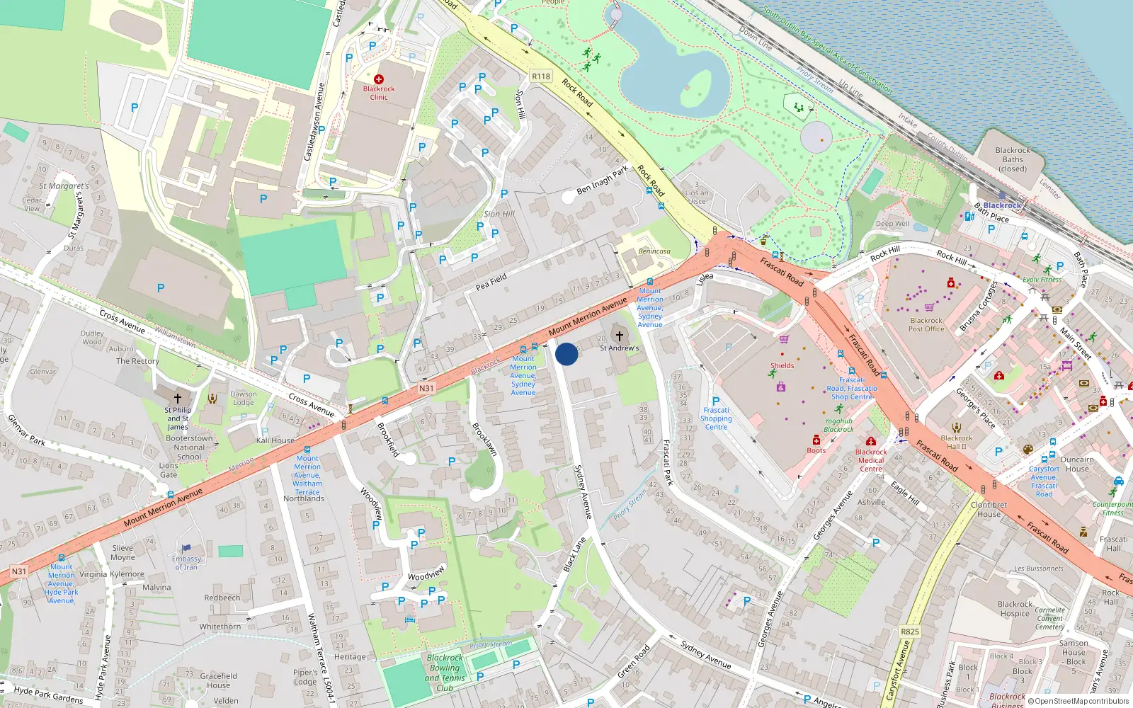 Overhead map showing the location of 28 Mount Merrion Avenue, Blackrock