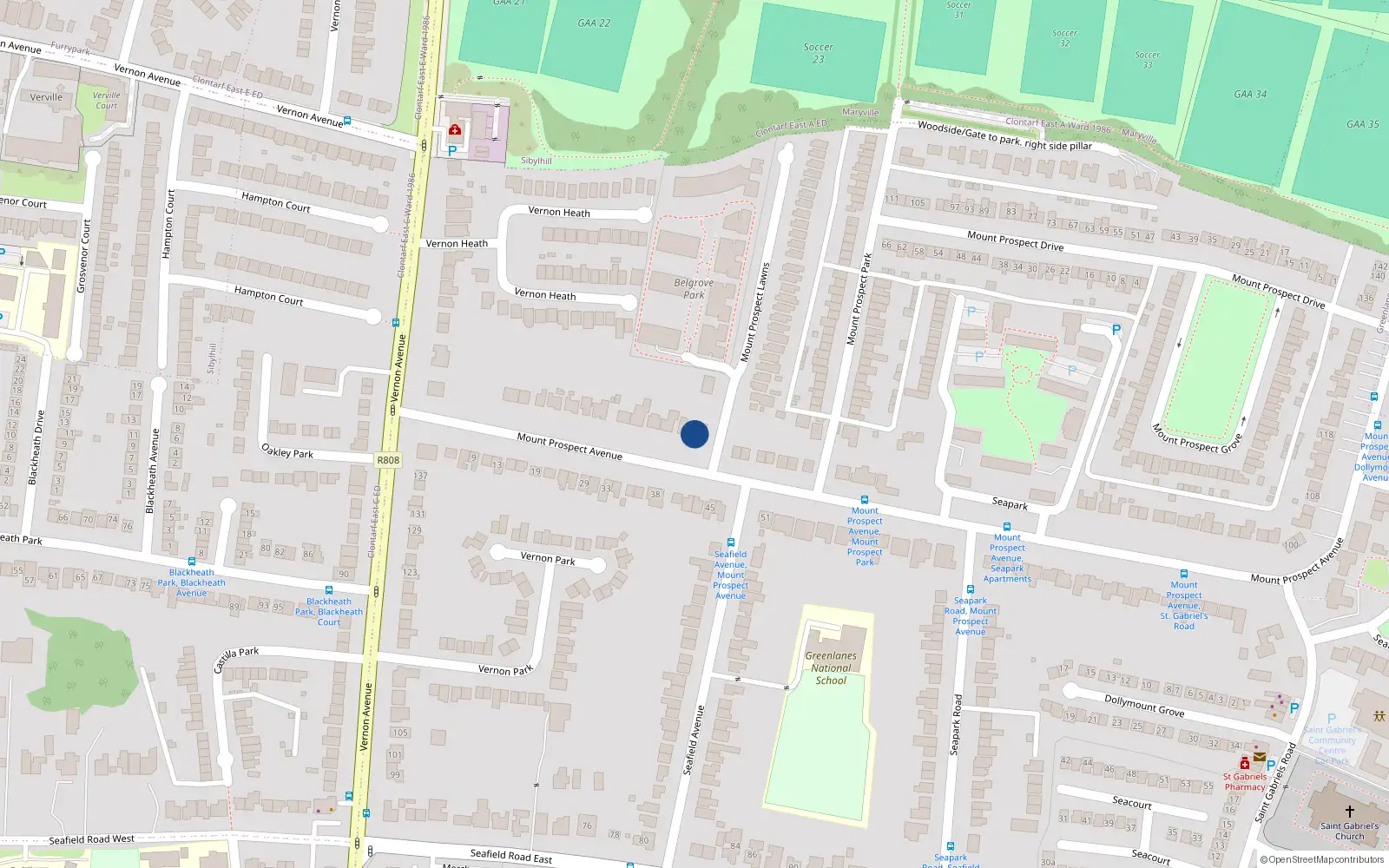 Overhead map showing the location of 28 Mount Prospect Avenue, Clontarf, Dublin 3
