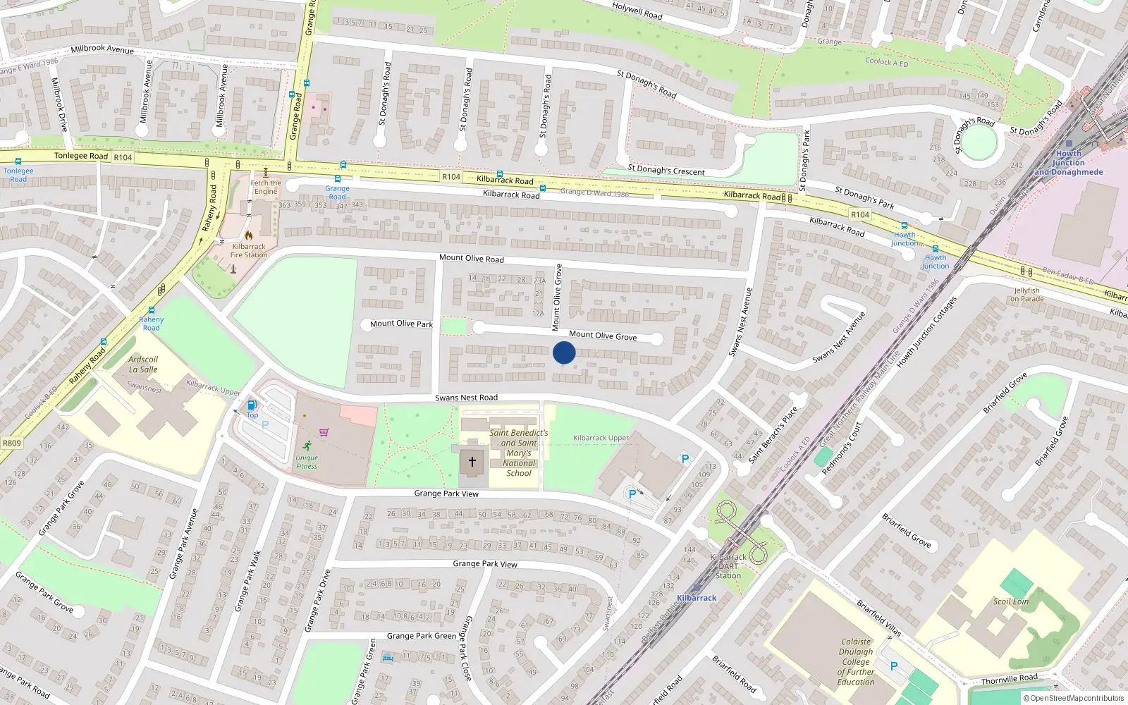Overhead map showing the location of 28 Mt Olive Grove, Kilbarrack, Dublin 5
