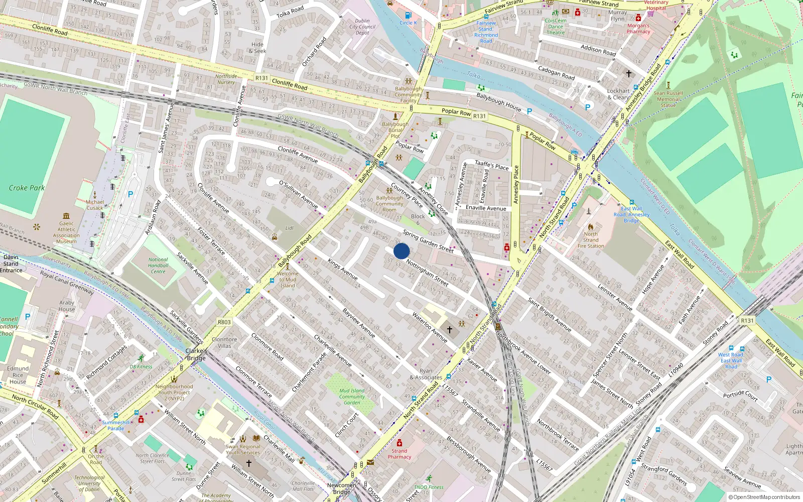 Overhead map showing the location of 28 Nottingham Street, North Strand