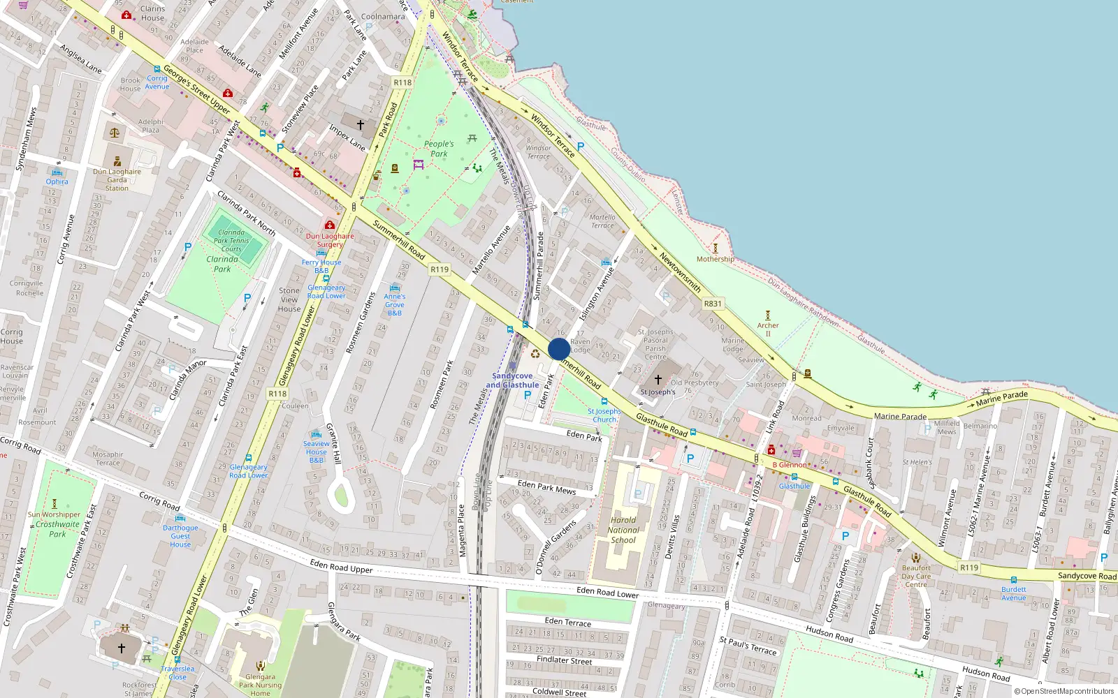 Overhead map showing the location of 28 O' Donnell Park, Glasthule, Co. Dublin