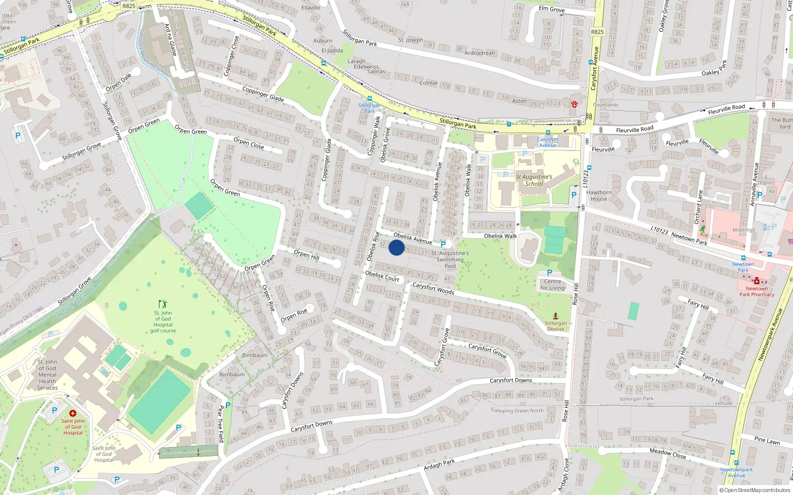 Overhead map showing the location of 28 Obelisk Avenue, Blackrock, Dublin