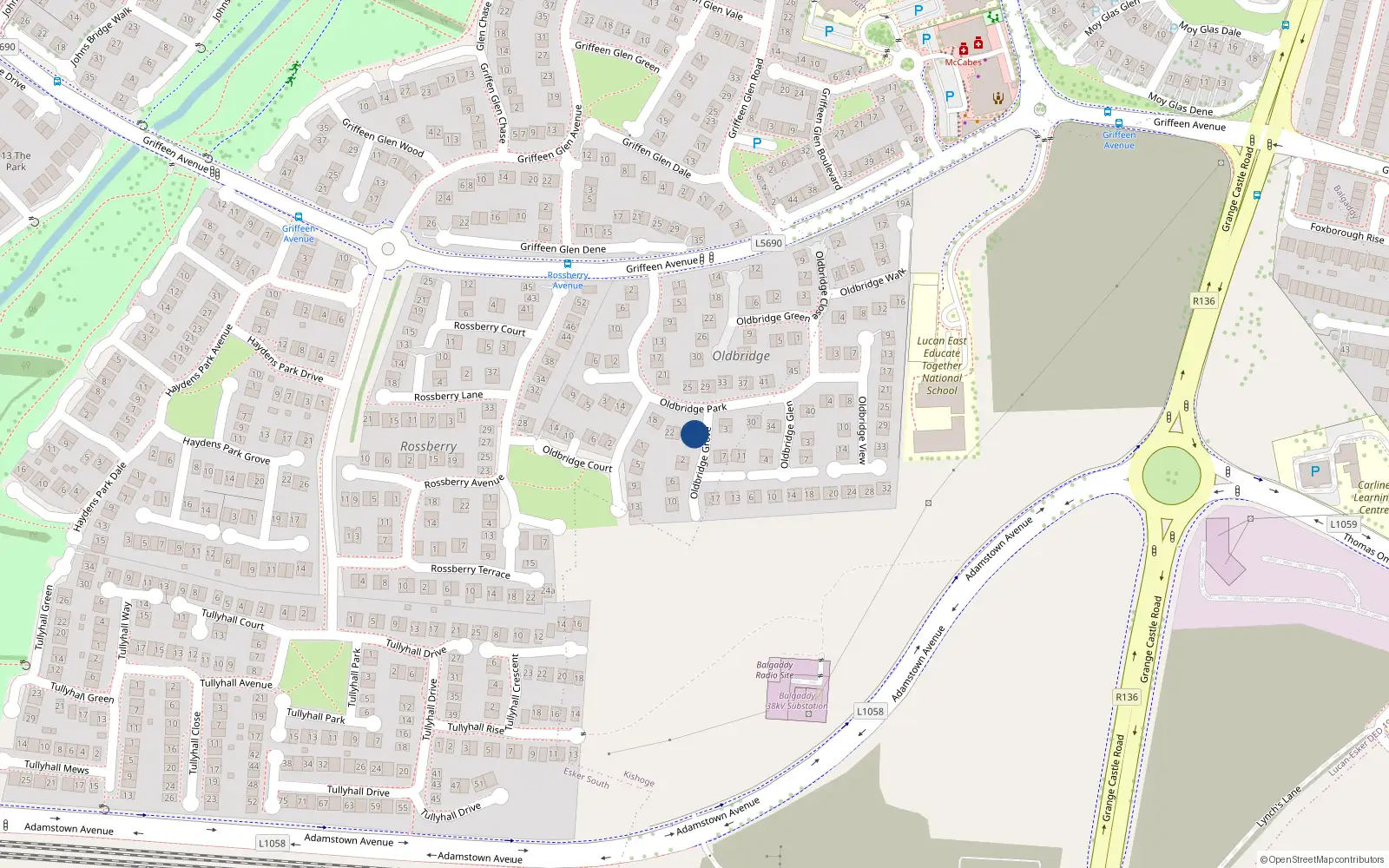 Overhead map showing the location of 28 Oldbridge Park, Lucan