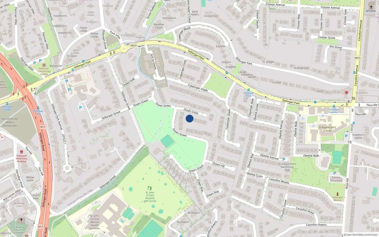 Overhead map showing the location of 28 Orpen Close, Stillorgan Grove, Stillorgan