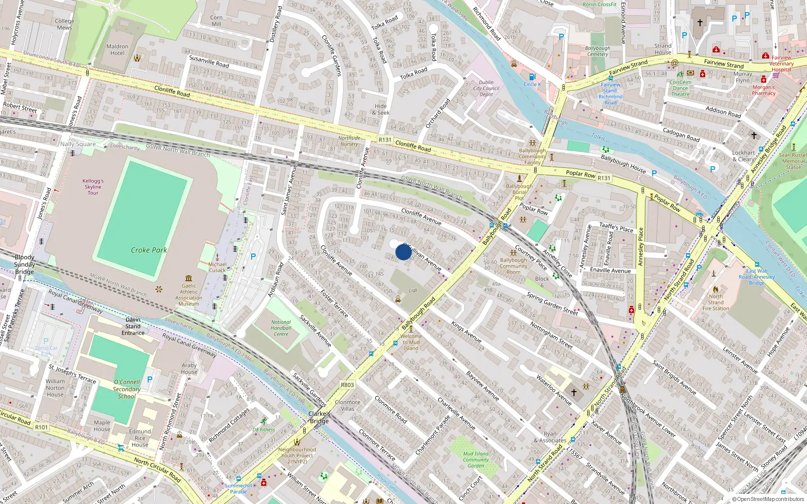 Overhead map showing the location of 28 O'Sullivan Avenue, Dublin 3