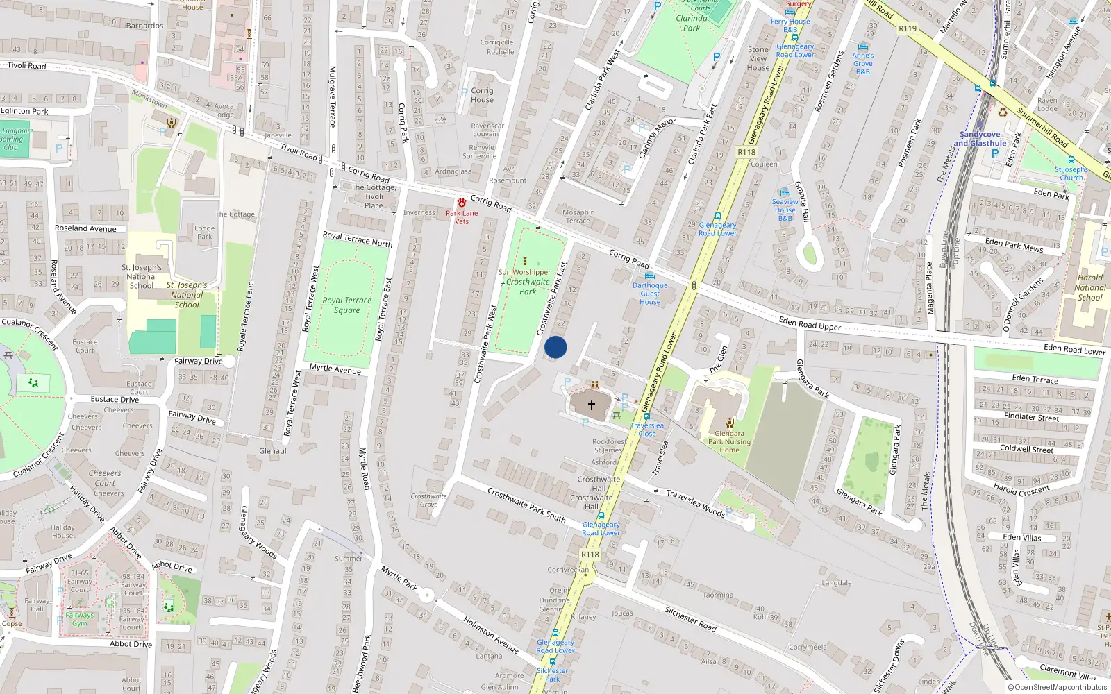 Overhead map showing the location of 28 Crosthwaite Park East, Dublin
