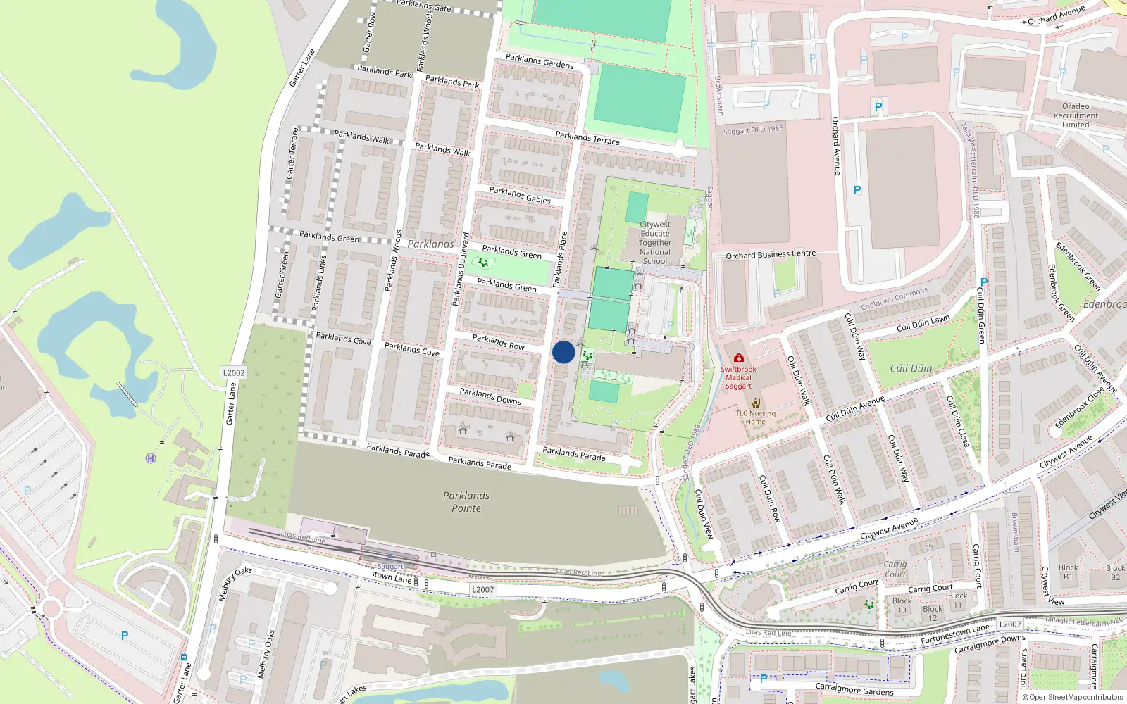 Overhead map showing the location of 28 Parklands Place, Saggart
