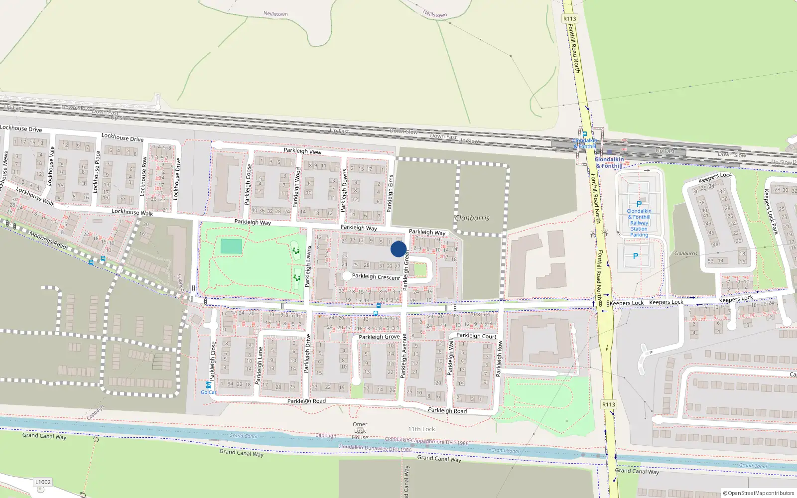 Overhead map showing the location of 28 Parkleigh Green, Dublin 22