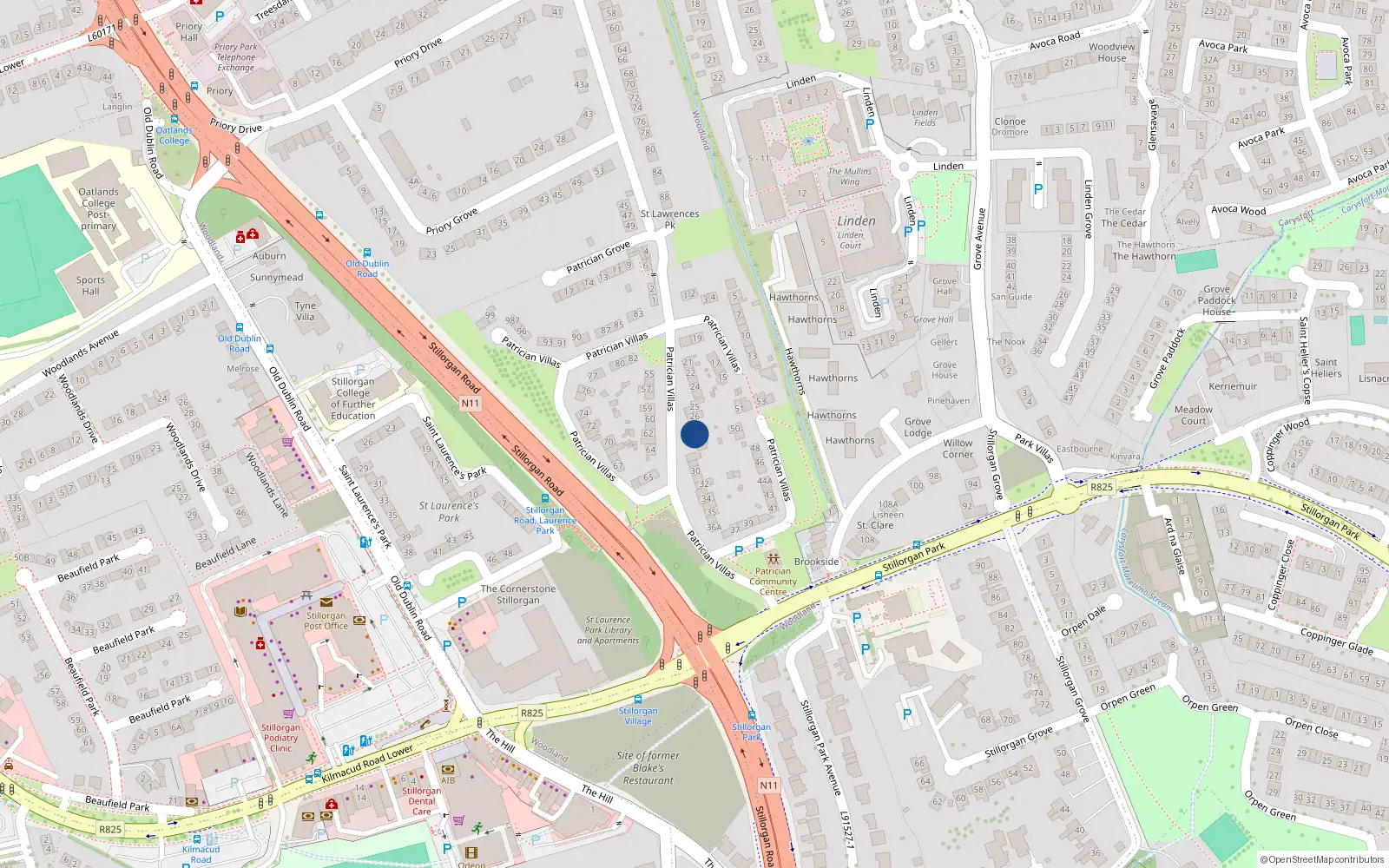 Overhead map showing the location of 28 Patrician Villas, Stillorgan, Dublin