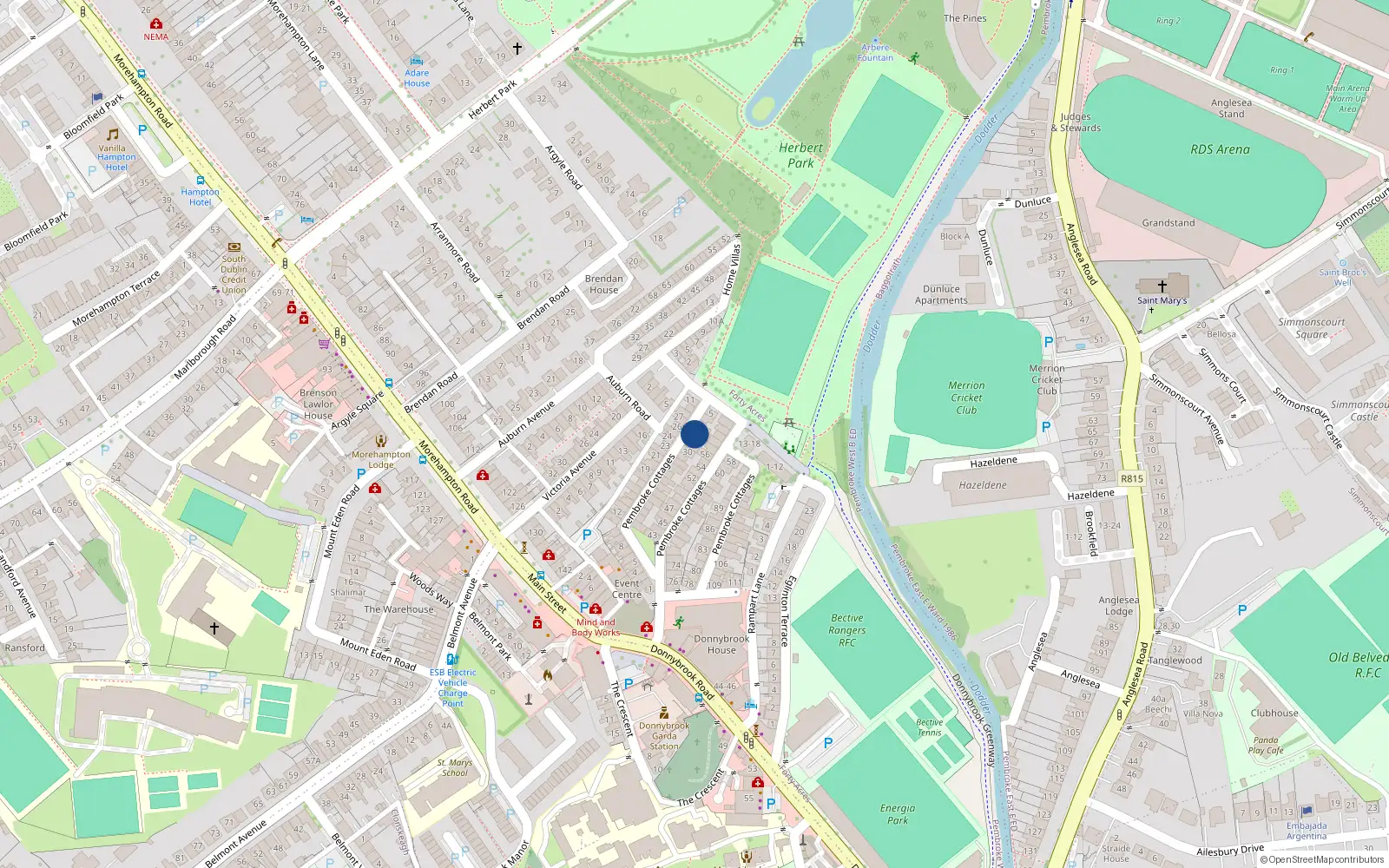 Overhead map showing the location of 28 Pembroke Cottages, Dublin 4