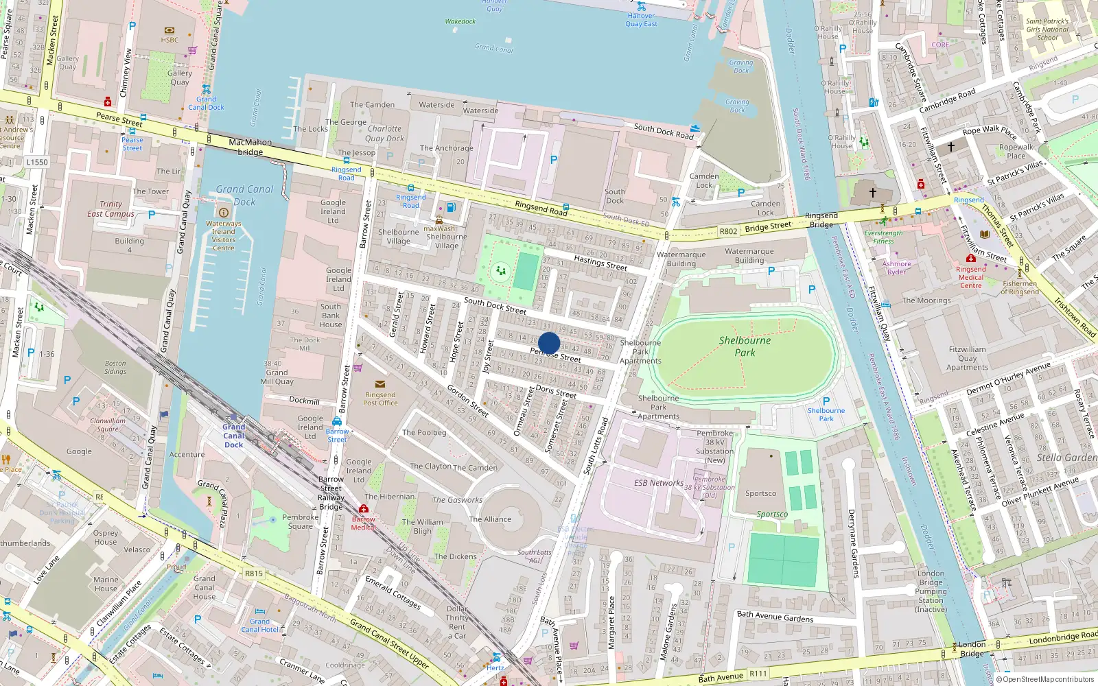 Overhead map showing the location of 28 Penrose Street, Dublin 4
