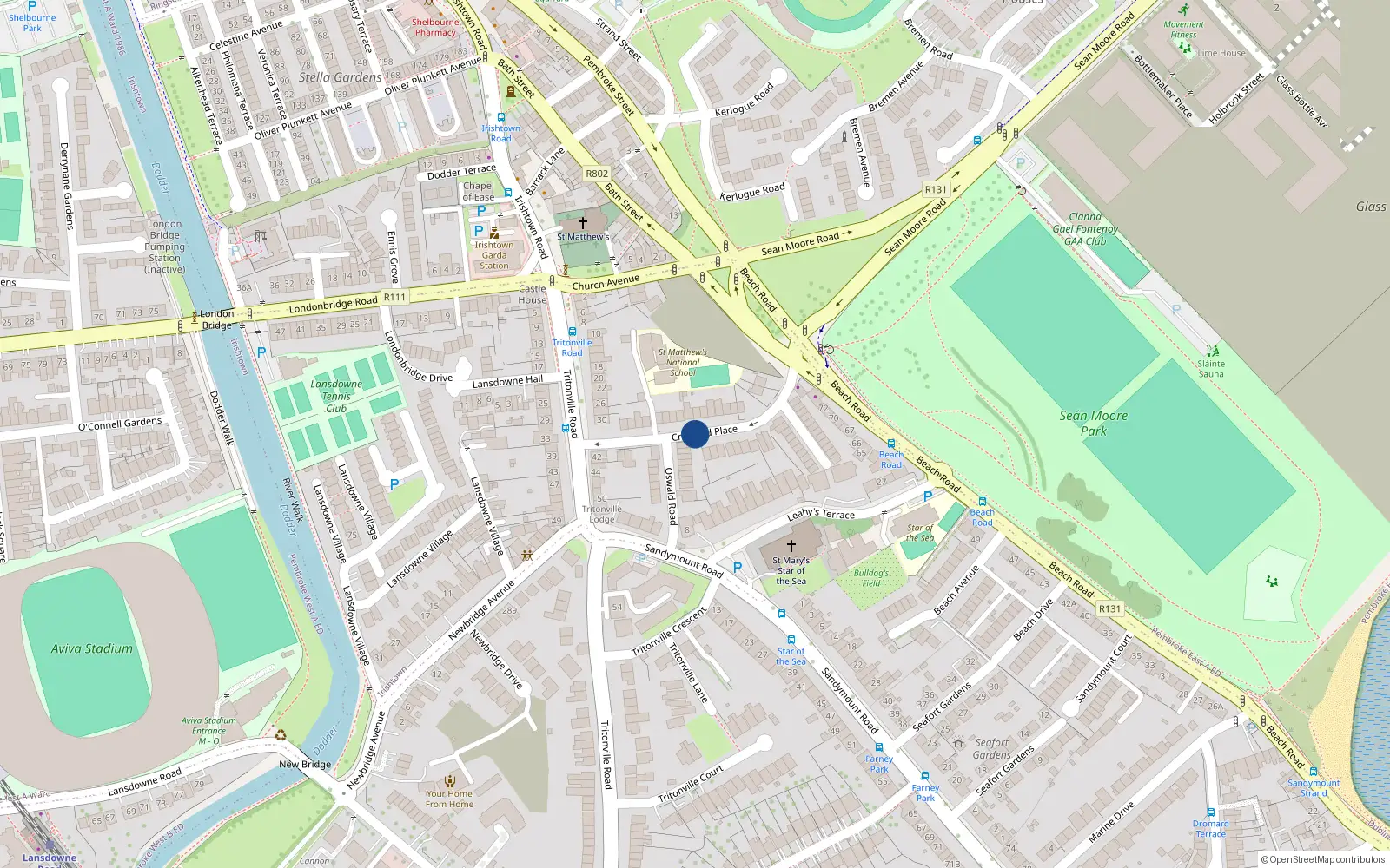 Overhead map showing the location of 28 Cranfield Place, Irishtown