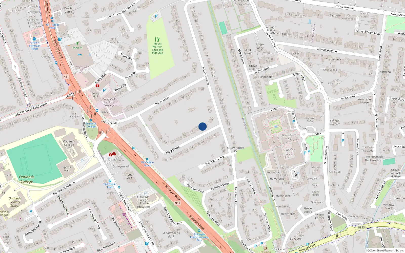 Overhead map showing the location of 28 Priory Grove, Stillorgan, Dublin