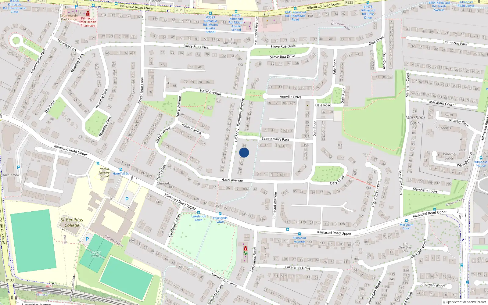 Overhead map showing the location of 28 Rathmore Avenue, Blackrock