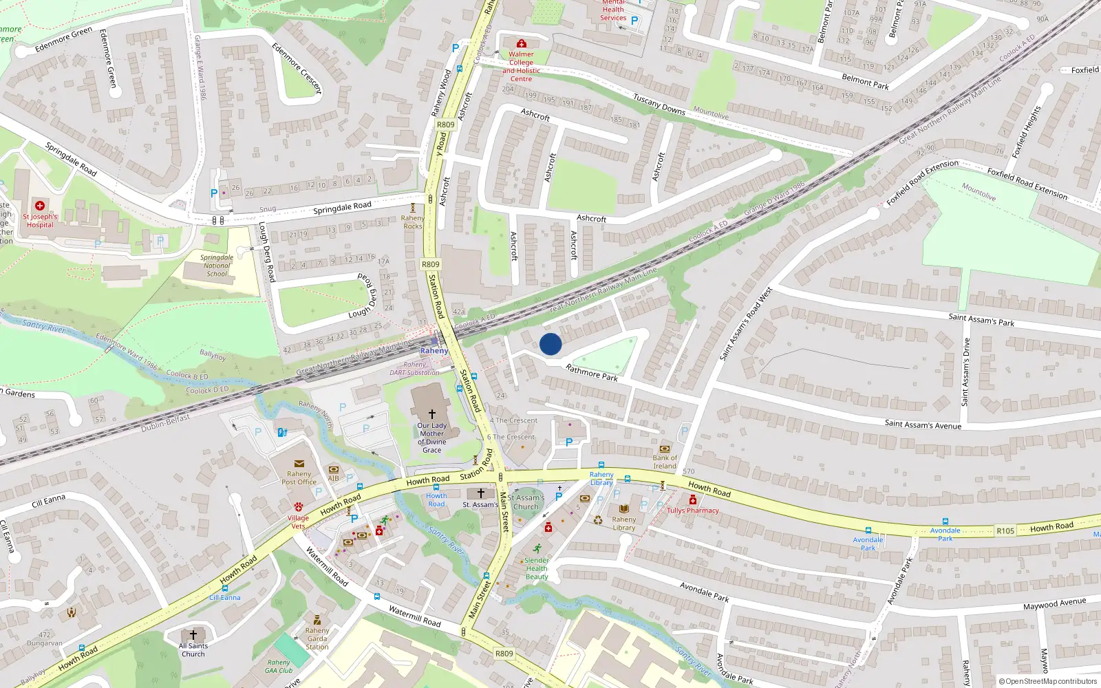 Overhead map showing the location of 28 Rathmore Park, Dublin 5