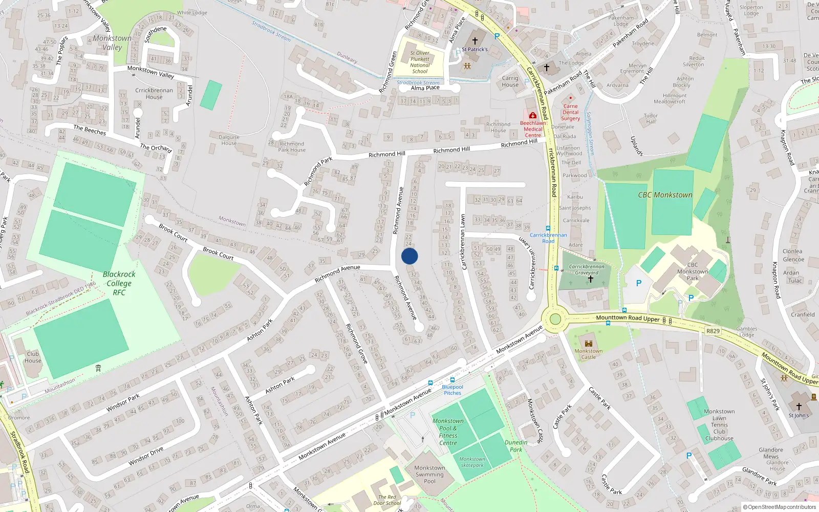 Overhead map showing the location of 28 Richmond Avenue, Blackrock