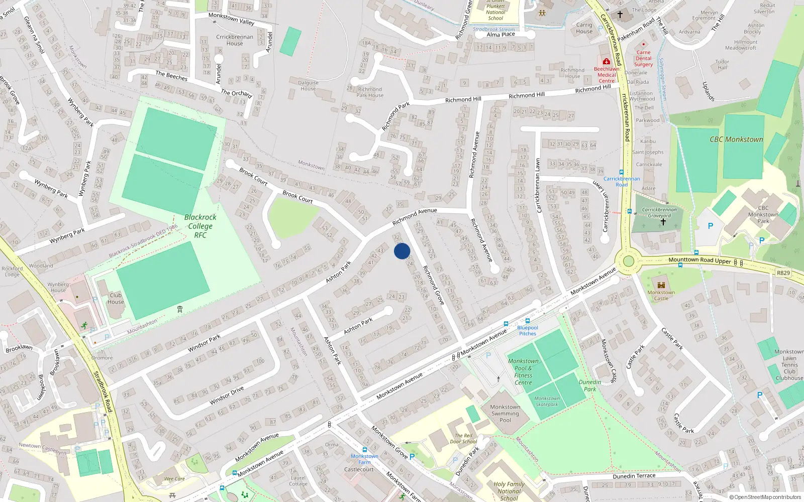 Overhead map showing the location of 28 Richmond Grove, Monkstown, Dublin