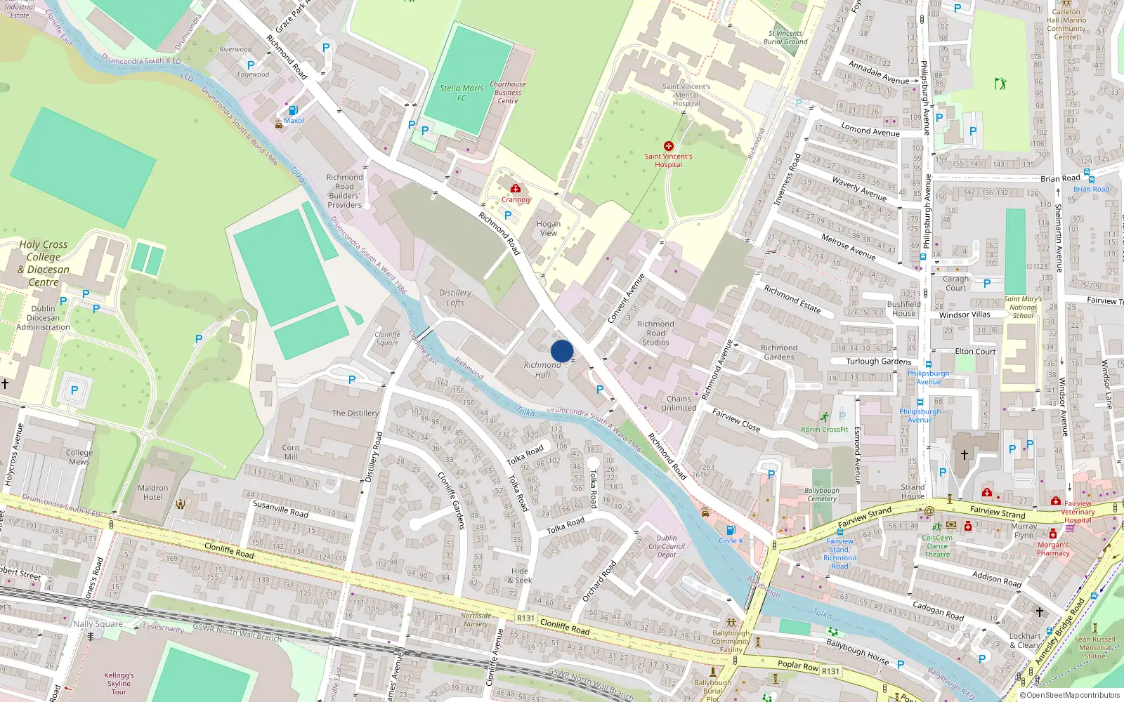 Overhead map showing the location of 28 Richmond Hall, Richmond Road, Dublin 3