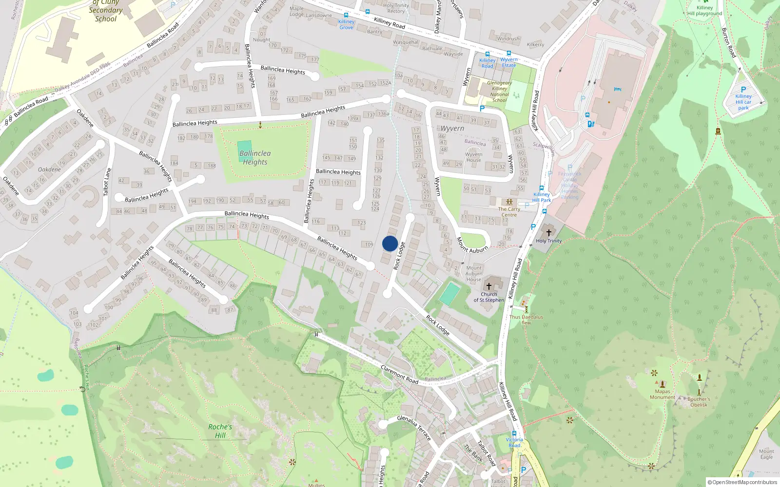 Overhead map showing the location of 28 Rock Lodge, Killiney