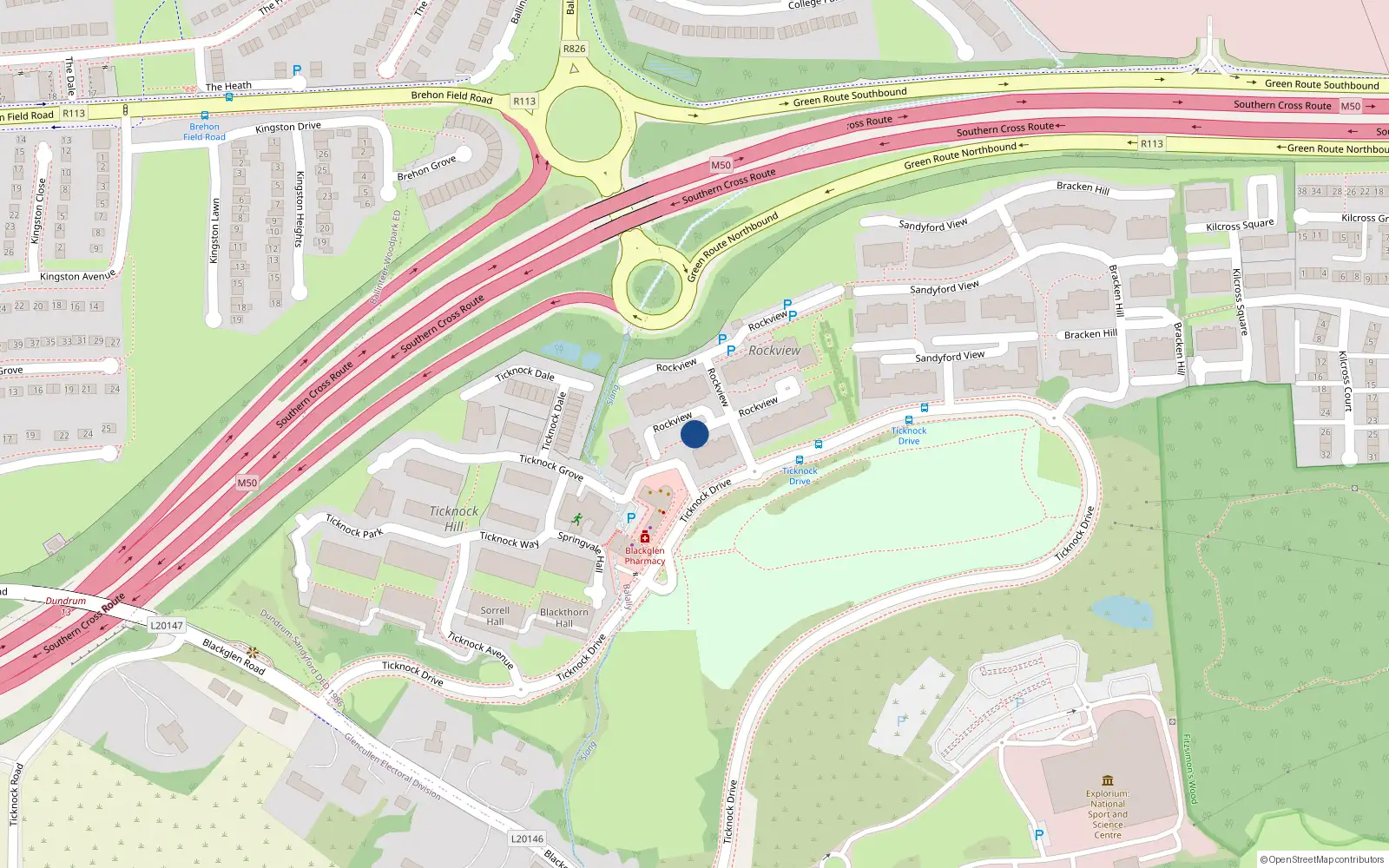 Overhead map showing the location of 28 Rockview, Sandyford