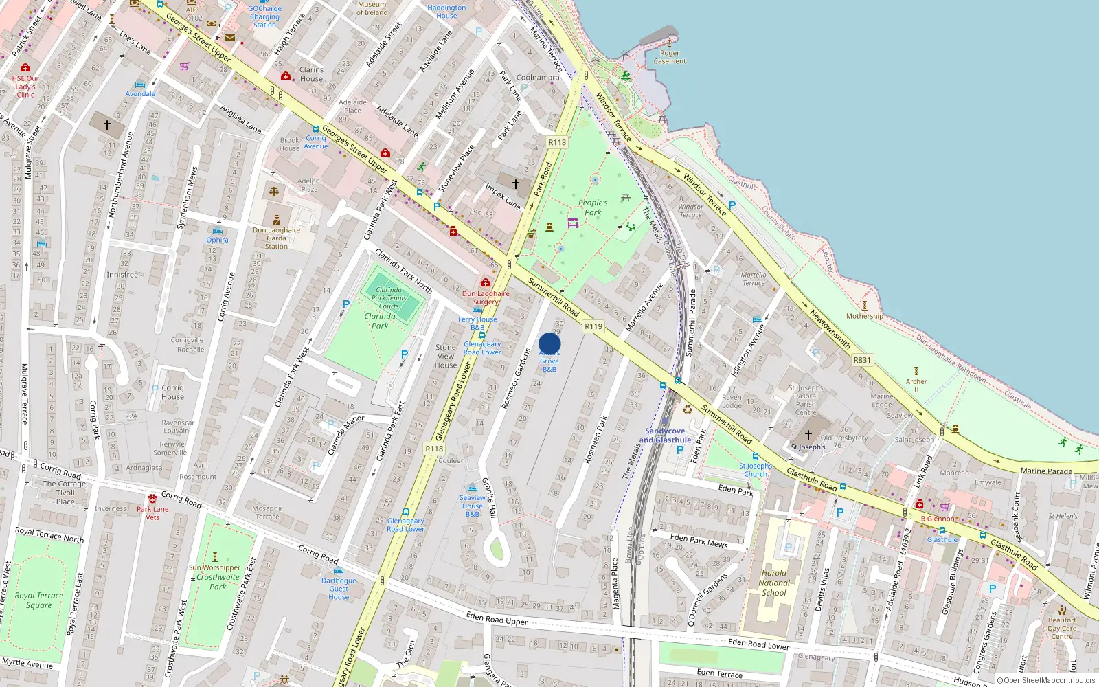 Overhead map showing the location of 28 Rosmeen Gardens, Dun Laoghaire, Co Dublin