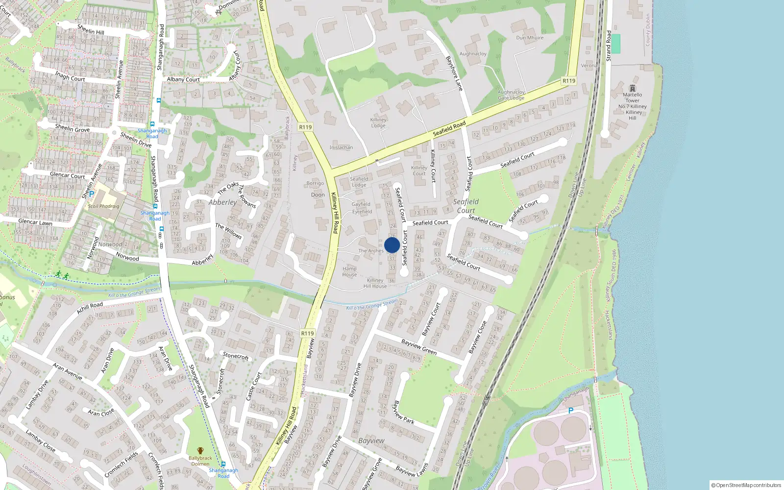 Overhead map showing the location of 28 Seafield Court, Killiney