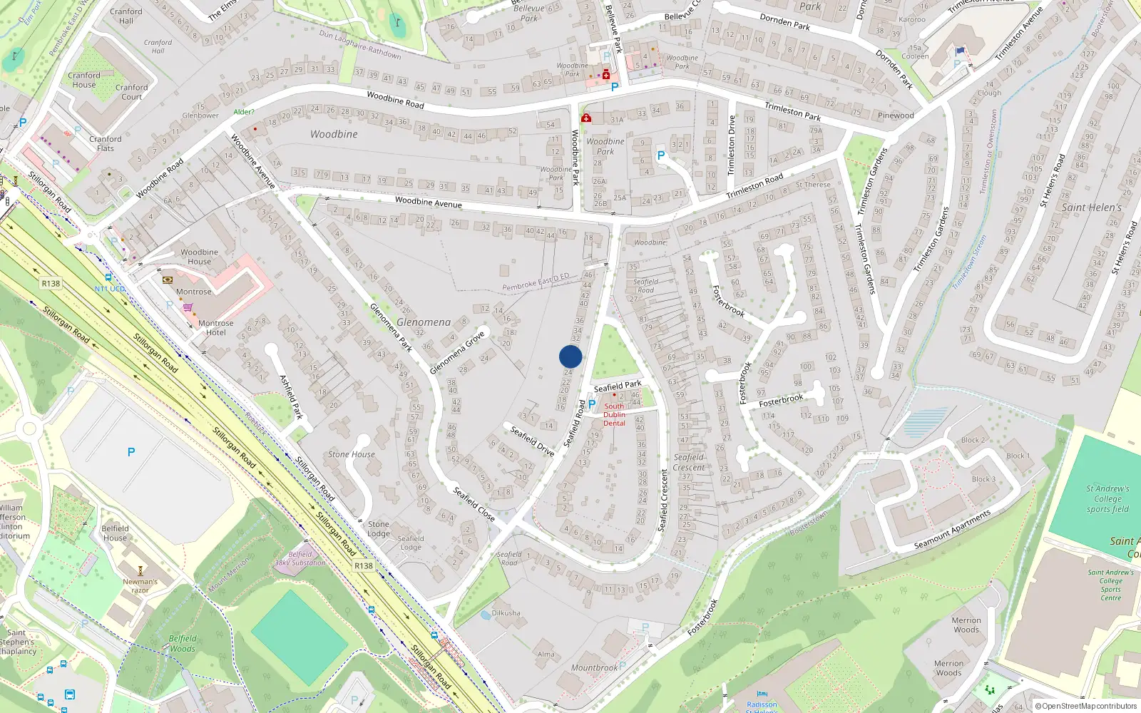 Overhead map showing the location of 28 Seafield Road, Blackrock, Dublin