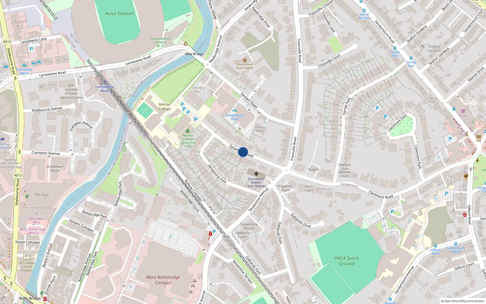 Overhead map showing the location of 28 Serpentine Road, Sandymount