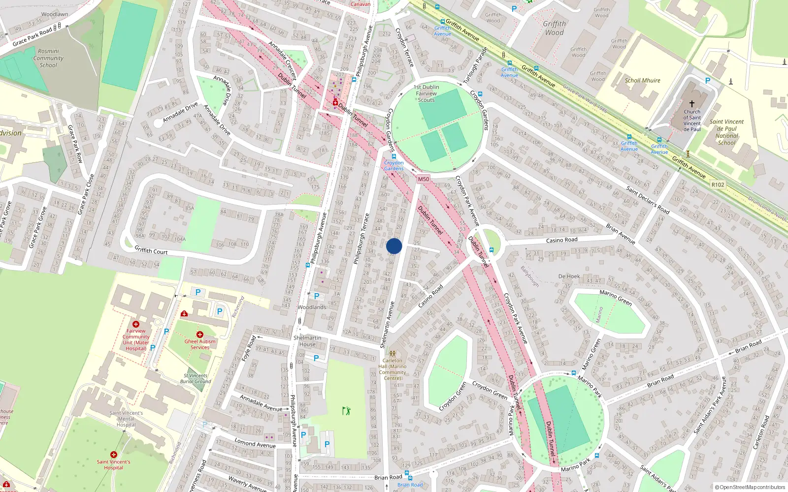 Overhead map showing the location of 28 Shelmartin Avenue, Dublin 3