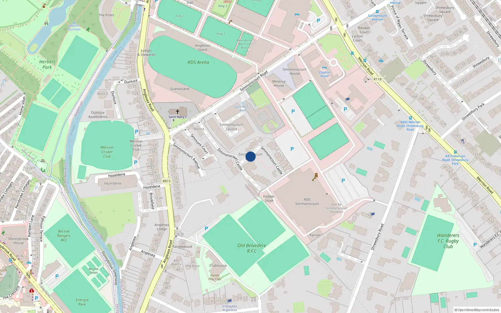 Overhead map showing the location of 28 Simmonscourt Castle, Simmonscourt Road, Ballsbridge
