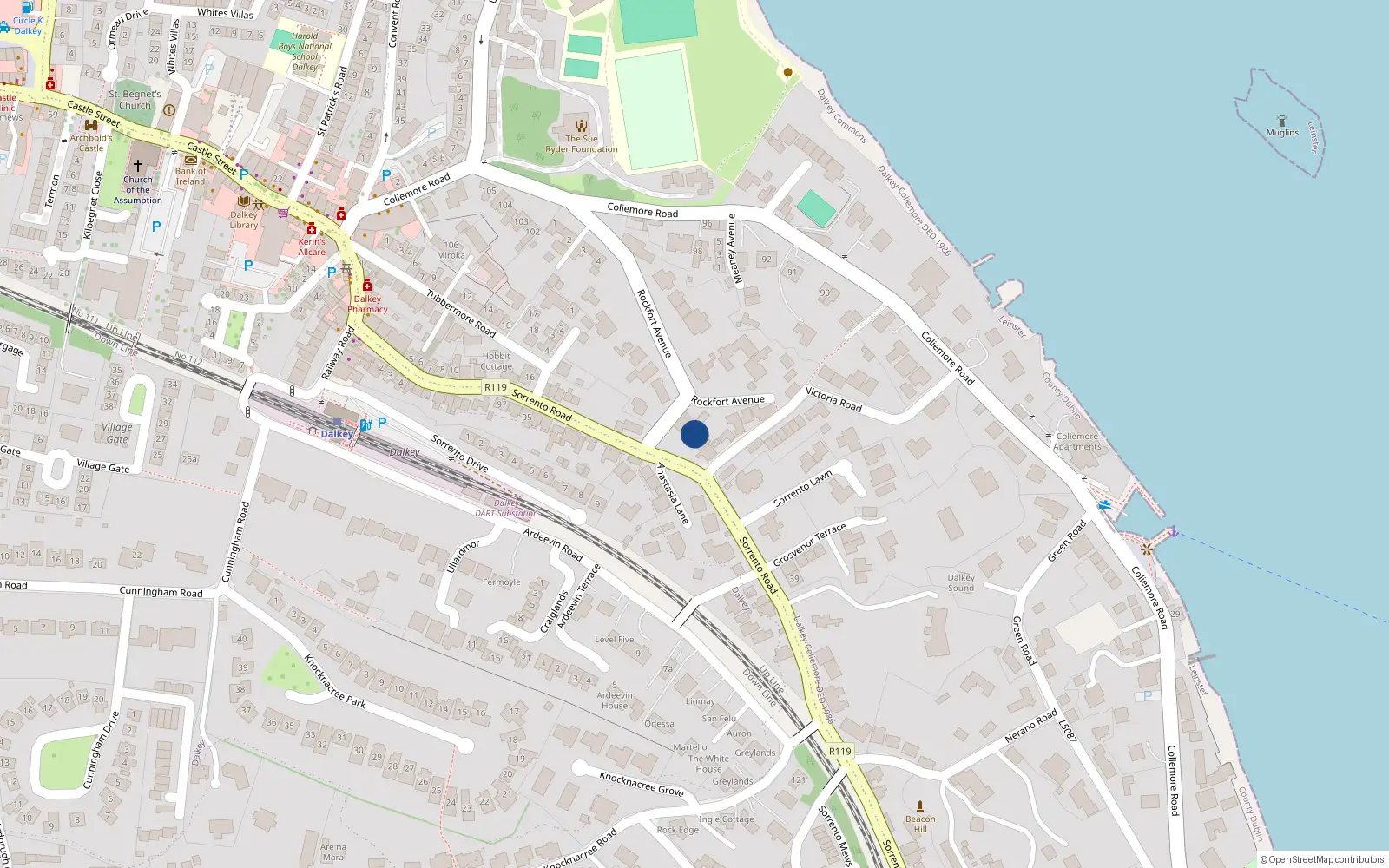 Overhead map showing the location of 28 Sorrento Road, Dalkey