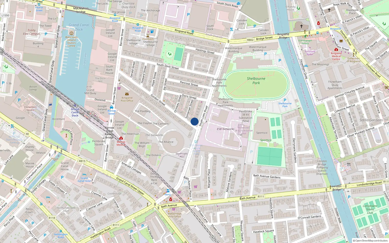 Overhead map showing the location of 28 South Lotts Road, Dublin 4