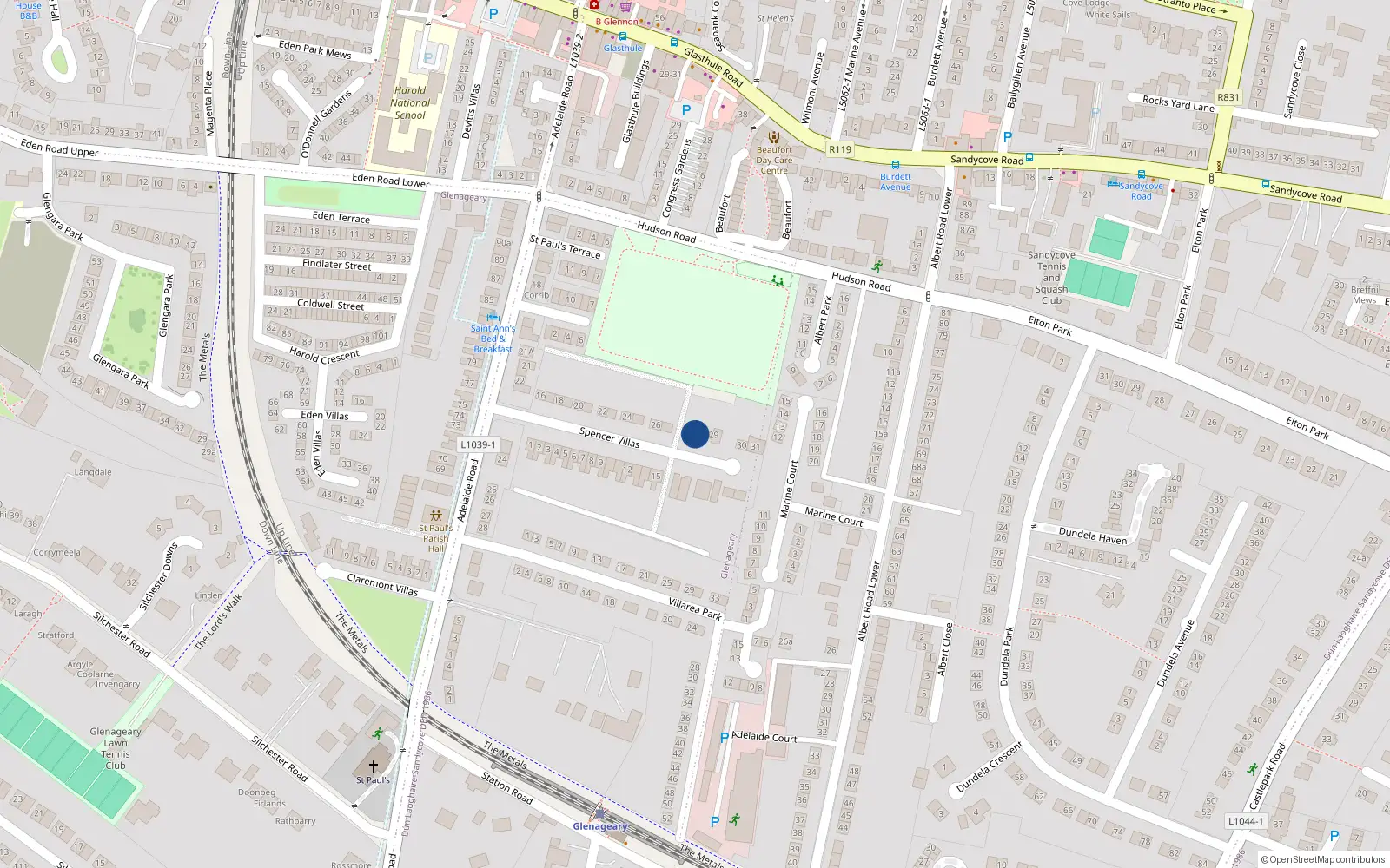 Overhead map showing the location of 28 Spencer Villas, Dun Laoghaire, Dublin