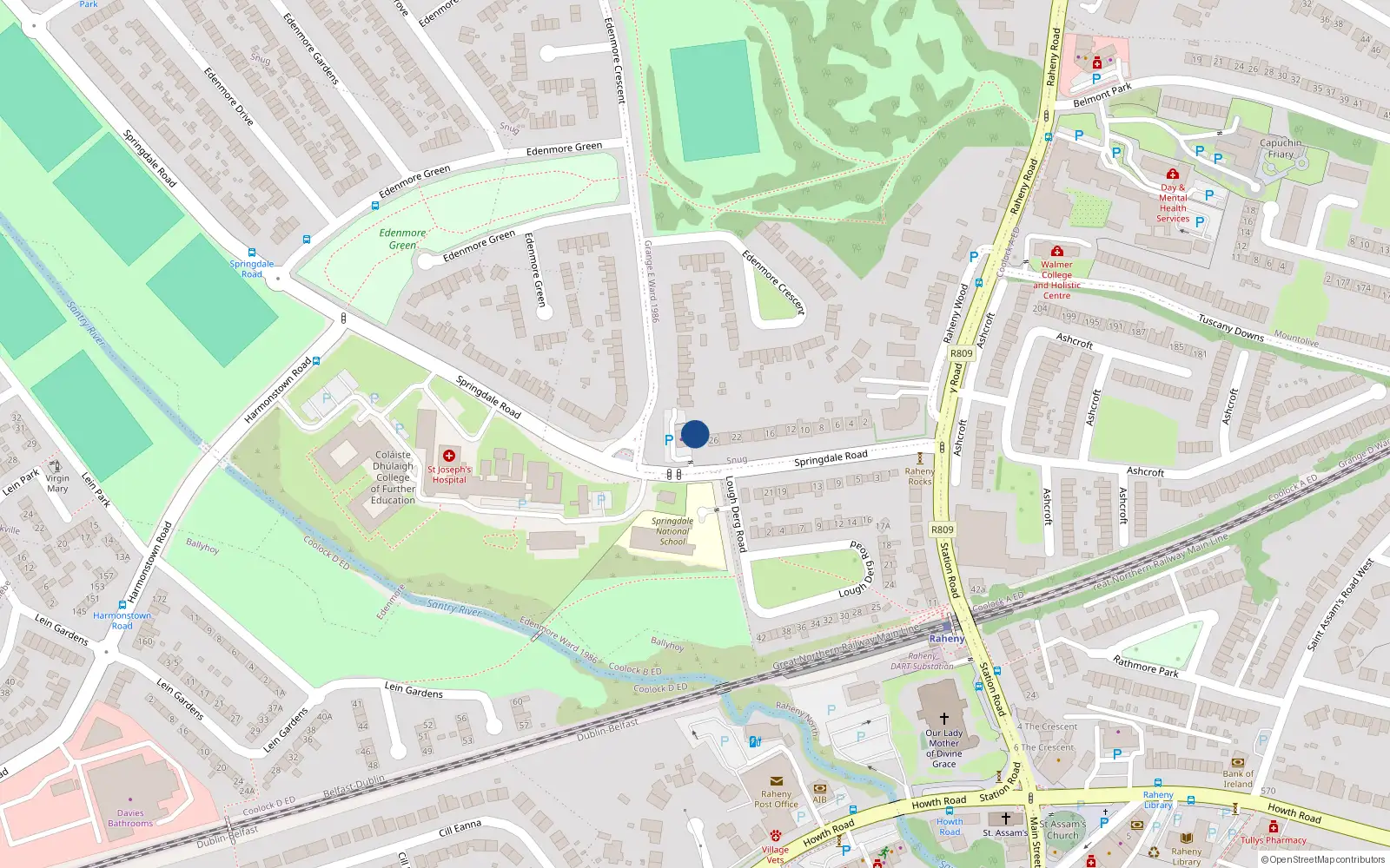 Overhead map showing the location of 28 Springdale Road, Dublin 5