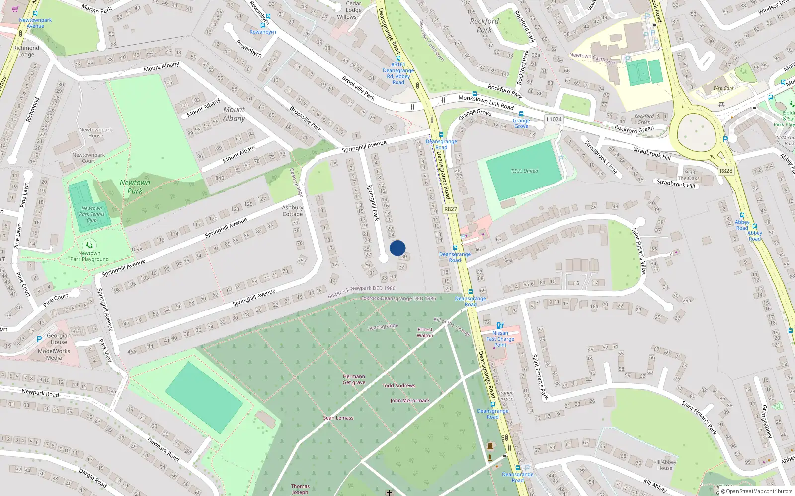 Overhead map showing the location of 28 Springhill Park, Blackrock, Dublin