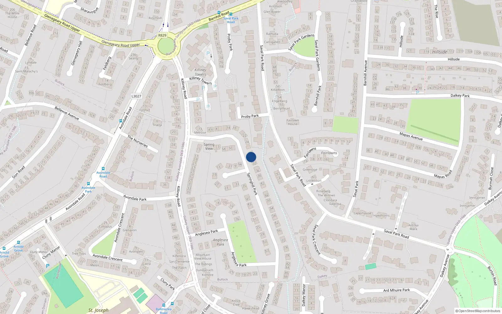 Overhead map showing the location of 28 Springhill Park, Killiney, Dublin