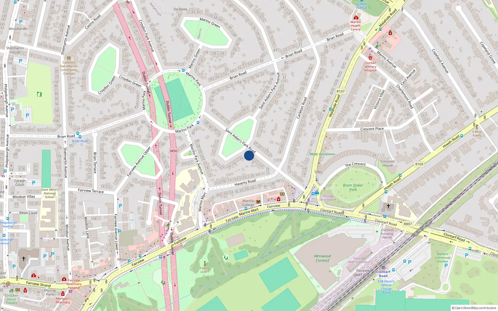 Overhead map showing the location of 28 St Aidans Park Road, Marino, Dublin 3