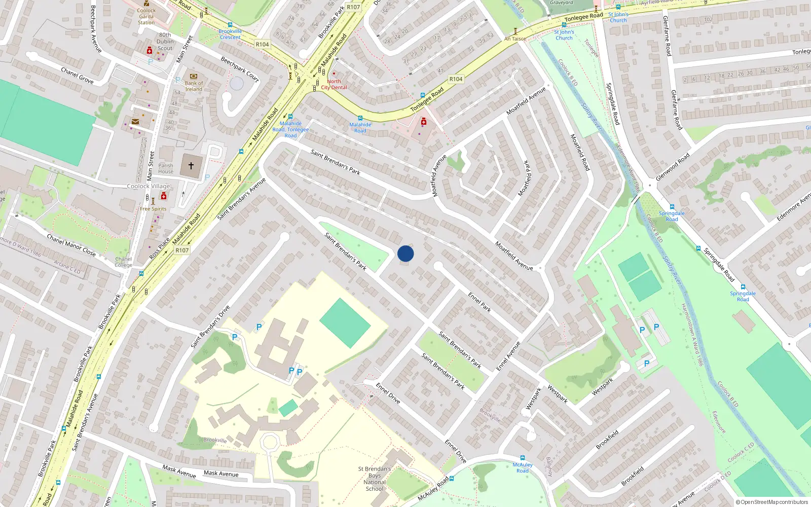 Overhead map showing the location of 28 St Brendans Park, Coolock, Dublin
