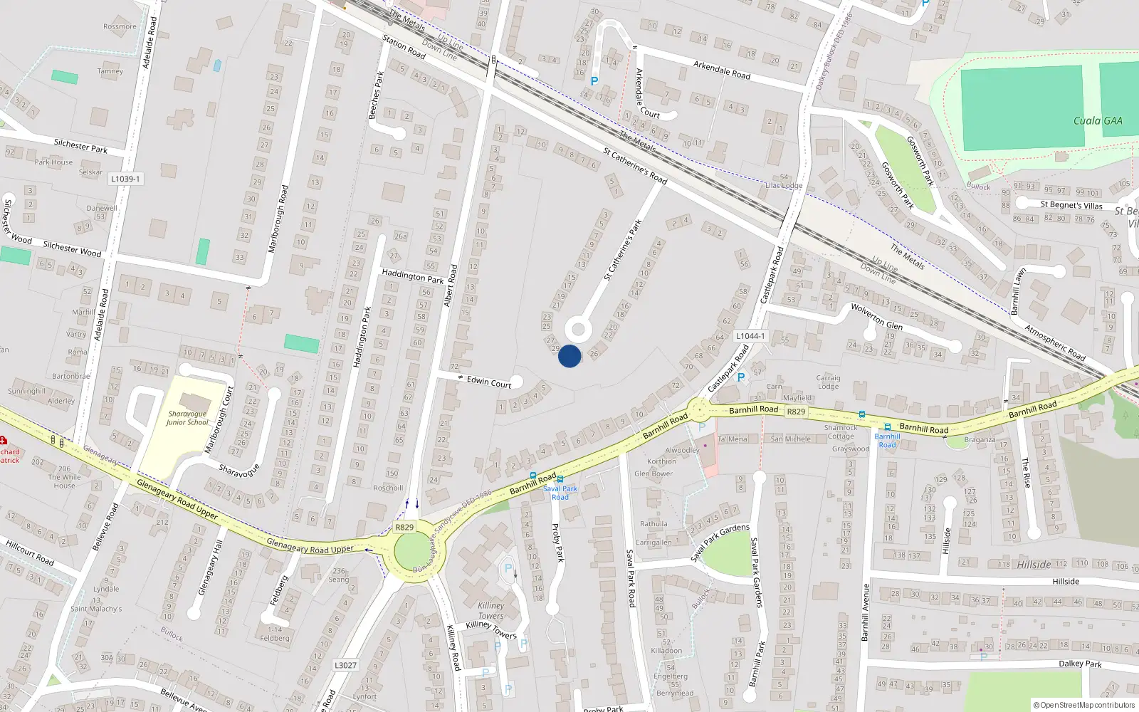 Overhead map showing the location of 28 St Catherines Park, Glenageary, Dublin