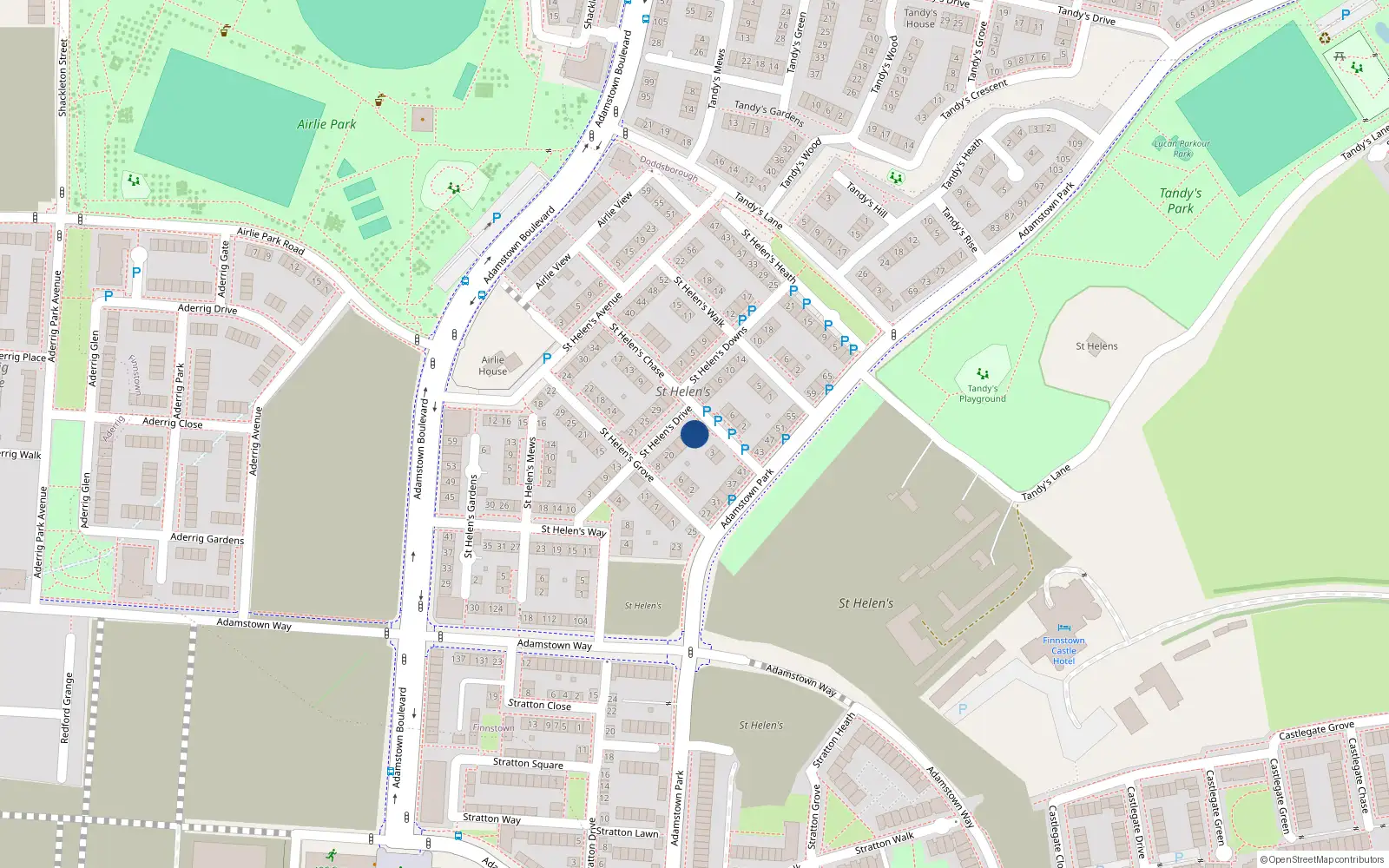 Overhead map showing the location of 28 Saint Helen's Drive, Lucan