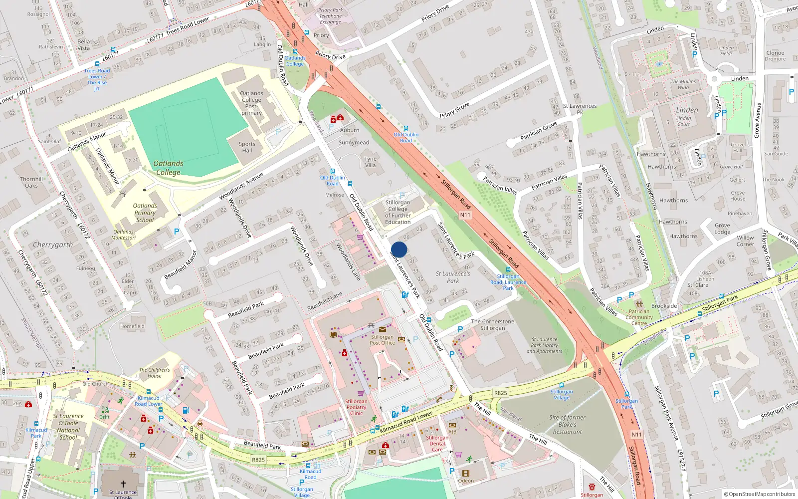 Overhead map showing the location of 28 St Laurences Park, Stillorgan, Dublin