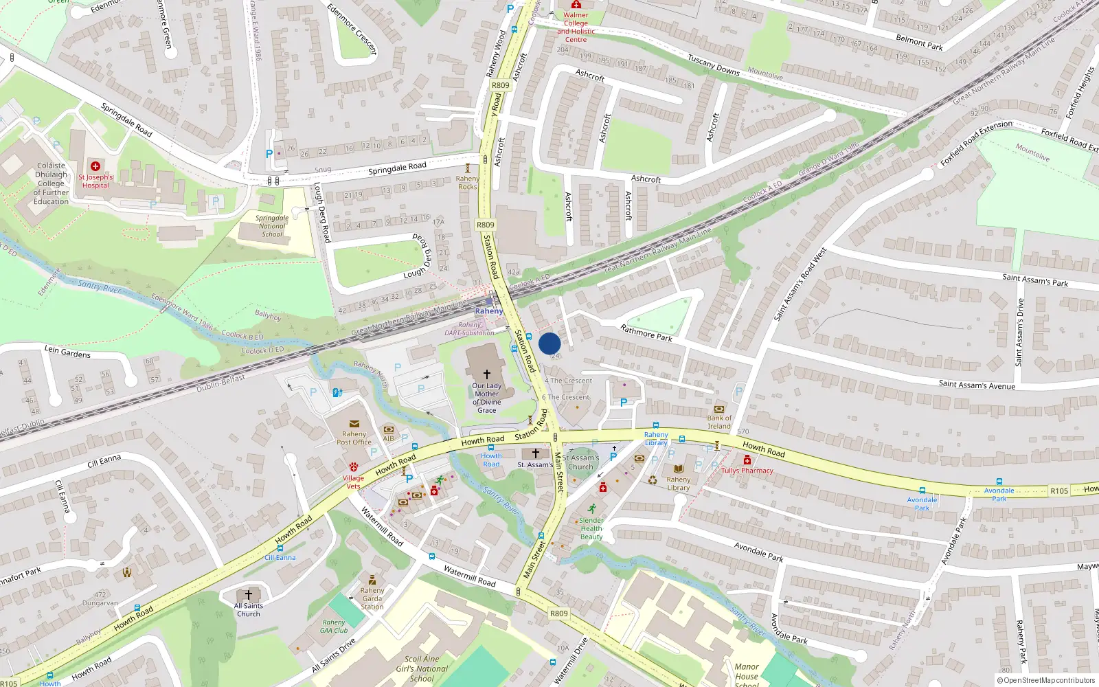 Overhead map showing the location of 28 Station Road, Dublin 5