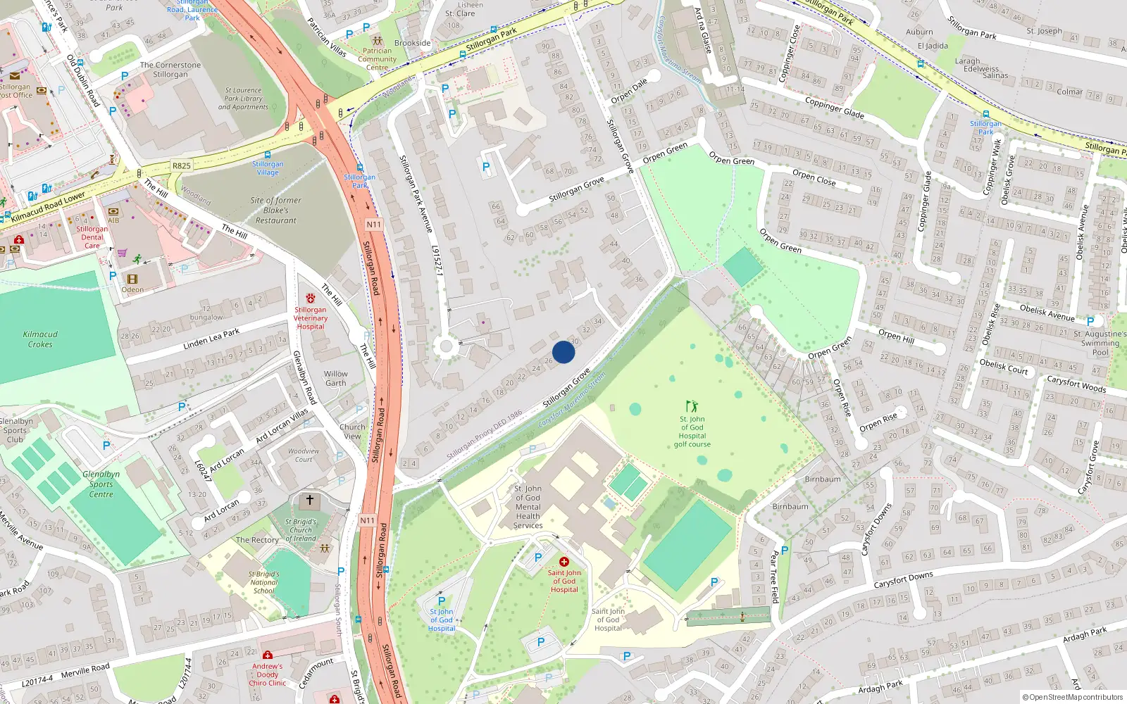 Overhead map showing the location of 28 Stillorgan Grove, Dublin